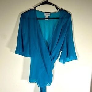 Soft Surroundings sheer wrap blouse, size small, blue, flowy short sleeves
